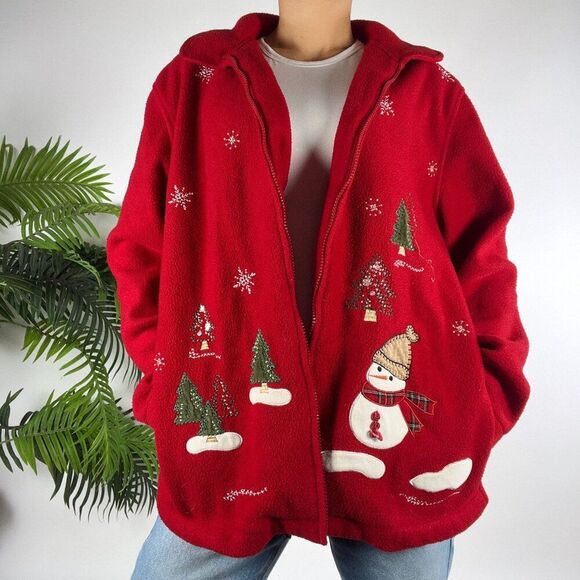 Vintage 90s Red Holiday Grandma Ugly Christmas Oversized Sweater Jacket / S - Picture 1 of 7
